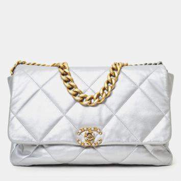 Pre Owned Chanel Silver Leather Maxi 19 Flap