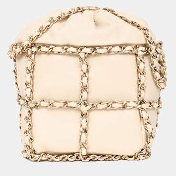 Pre Owned Chanel 2019-20 Cream Lambskin Leather Bucket Chain Drawstring Bag