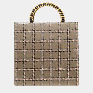 Pre Owned Chanel Grey/Pink Plaid Chain Top Handle Bag