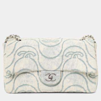 Pre Owned Chanel 2021 Blue Denim Wave Jumbo Flap Bag