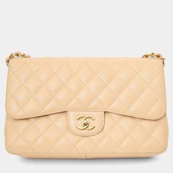 Pre Owned Chanel 2010-11 Beige Caviar Leather Jumbo Classic Double Flap Bag