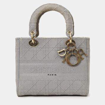 Pre Owned Christian Dior 2020 Grey Cannage Embroidered Canvas Medium Lady D-Lite With Strap
