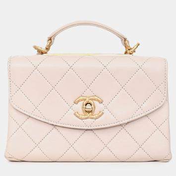 Pre Owned Chanel 2020 Beige Lambskin Mini Top Handle Bag with Quilted Gold Hardware