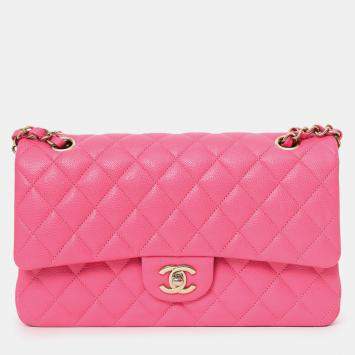 Pre Owned Chanel Pink Caviar Leather Medium Classic Double Flap Shoulder Bag