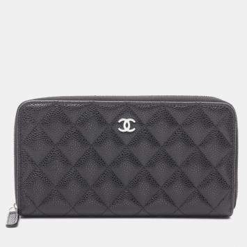 Pre Owned Chanel Classic Long Zip Wallet Matelasse Round Grained Calfskin Leather Black
