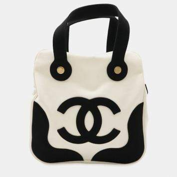 Pre Owned Chanel Coco Mark Marshmallow Bag Tote Handbag Canvas Ivory White Black