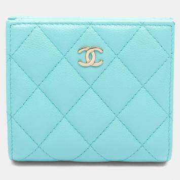 Pre Owned Chanel Matelasse Classic Small Wallet Bi-Fold Grained Calfskin Leather Green
