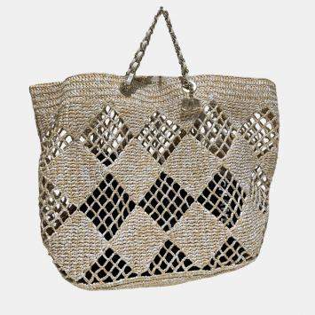 Pre Owned Chanel Cocobeach White Raffia Beach Tote Bag