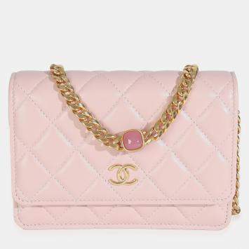 Pre Owned Chanel Pink Quilted Lambskin CC Pearl Enamel Clutch On Chain