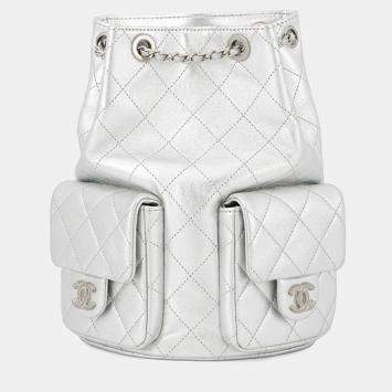Pre Owned Chanel Backpack Silver Metalic Lambskin