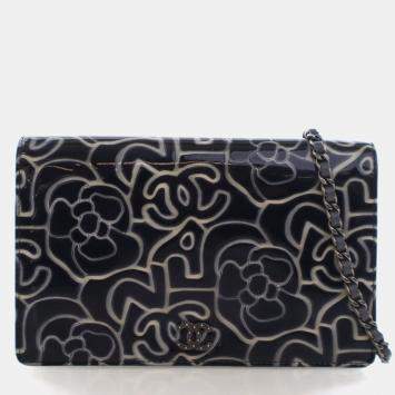 Pre Owned Chanel Patent Camellia Embossed Wallet On Chain
