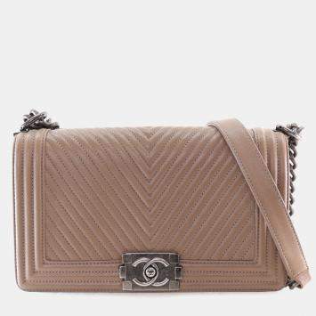 Pre Owned Chanel Medium Calfskin Chevron Boy Flap Bag