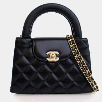 Pre Owned Chanel Nano Crinkled Black  Calfskin Kelly Shopper