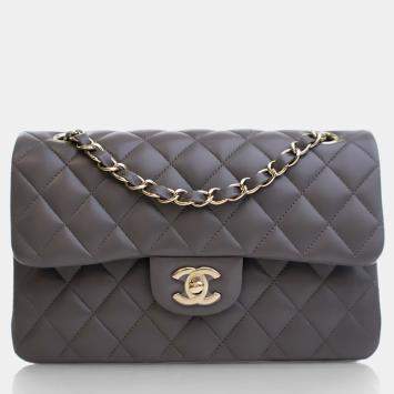 Pre Owned Chanel Small Grey Lambskin Classic Double Flap Bag