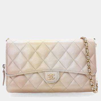 Pre Owned Chanel Metallic Lambskin Phone Holder Wallet On Chain (WOC)