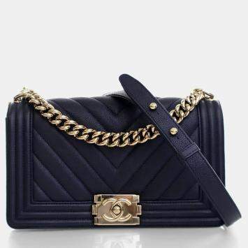 Pre Owned Chanel Medium Navy Caviar Chevron Boy Bag