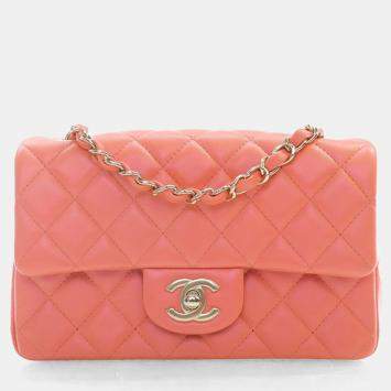 Pre Owned Chanel Mini Rose Pink Lambskin Rectangular Classic Flap Bag