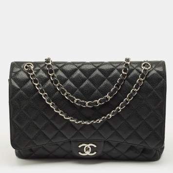 Pre Owned Chanel Classic Maxi Black Quilted Caviar Leather Double Flap Bag