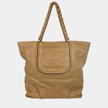 Pre Owned Chanel Gold Calfskin Luxury Line Tote Bag