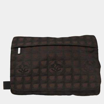 Pre Owned Chanel Brown Jacquard Nylon Travel Line Shoulder Bag