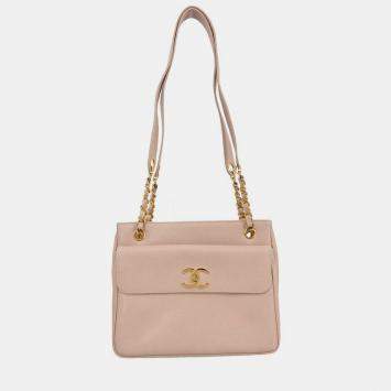 Pre Owned Chanel Light Pink Calfskin Tote Shoulder Bag