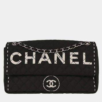 Pre Owned Chanel Black Satin Straight Flap Shoulder Bag