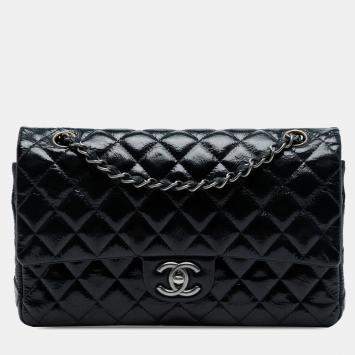 Pre Owned Chanel Blue Medium Classic Crinkled Patent Double Flap