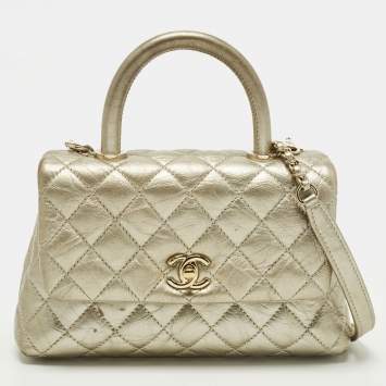 Pre Owned Chanel Coco Handle Mini Gold Quilted Aged Leather Top Handle Bag