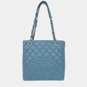Pre Owned Chanel Light Blue Calfskin Petite Shopping Tote PST Chain Handbag