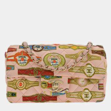 Pre Owned Chanel Pink Satin Cuba Cigare Print Shoulder Bag
