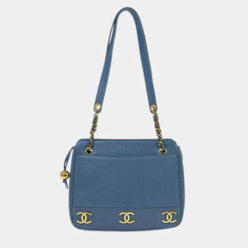 Pre Owned Chanel Blue Calfskin Triple CC Shoulder Tote Bag