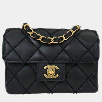 Pre Owned Chanel Black Calfskin Wild Stitch Single Flap Shoulder Bag