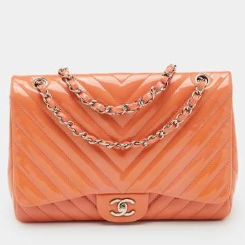 Pre Owned Chanel Peach Jumbo Chevron Patent Leather Classic Single Flap Bag