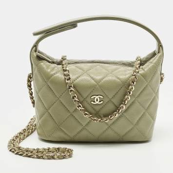 Pre Owned Chanel Classic Chain Light Green Quilted Caviar Leather Hobo