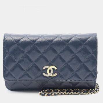 Pre Owned Chanel Matelasse Shoulder Bag In Calfskin Leather Navy Blue