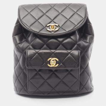 Pre Owned Chanel Matelasse Backpack Bag In Lambskin Leather Black