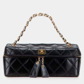 Pre Owned Chanel Matelasse Coco Mark Chain Vanity Bag In Black Leather