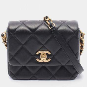 Pre Owned Chanel Matelasse Shoulder Bag Lambskin Leather Black