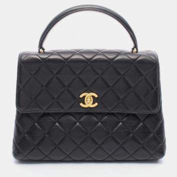 Pre Owned Chanel Matelasse Top Handle Bag Lambskin Leather Black