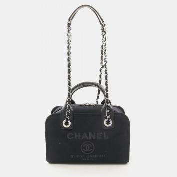Pre Owned Chanel Deauville Bowling Bag Shoulder Canvas Leather Black