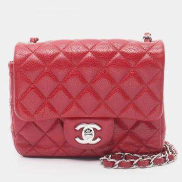 Pre Owned Chanel Mini Matelasse Shoulder Bag Leather Grained Calfskin Red