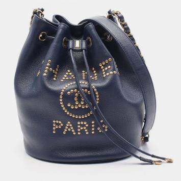 مملوكة مسبقًا Chanel Deauville Shoulder Bag Leather Grained Calfskin Navy