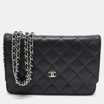 Pre Owned Chanel Matelasse Coco Mark Classic Chain Wallet Crossbody Bag Shoulder Caviar Skin Black