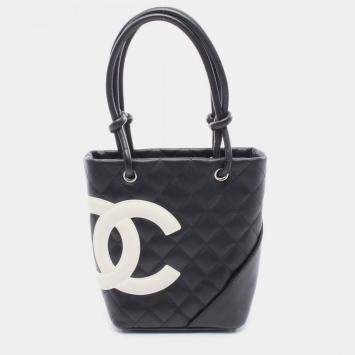 Pre Owned Chanel Cambon Line Small Tote Bag Leather Black And White