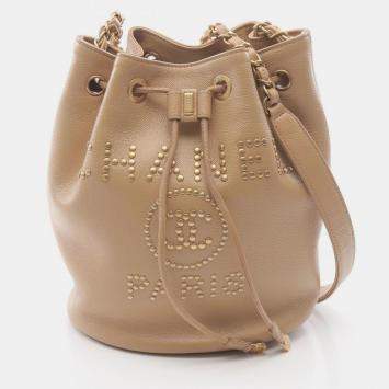 Pre Owned Chanel Deauville Shoulder Bag In Calfskin Leather Beige