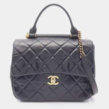 Pre Owned Chanel Matelasse Top Handle Shoulder Bag In Lambskin Leather Navy Blue