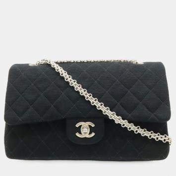 مملوكة مسبقًا Chanel Matelasse 25 Coco Mark Double Flap Chain Shoulder Bag Black Cotton Jersey
