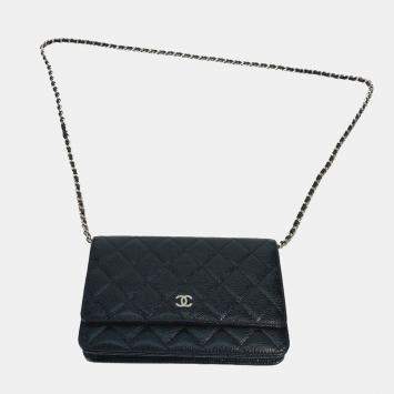 Pre Owned Chanel  Quilted Cc Matelasse Coco Mark Chain Wallet Shoulder Bag Long Caviar Skin Black