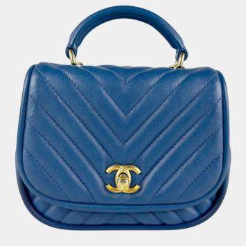 Pre Owned Chanel Handbag Shoulder Bag V-Stitch Leather Blue Gold
