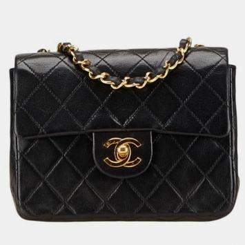 Pre Owned Chanel Mini Matelasse Coco Mark Chain Shoulder Bag In Black Lambskin